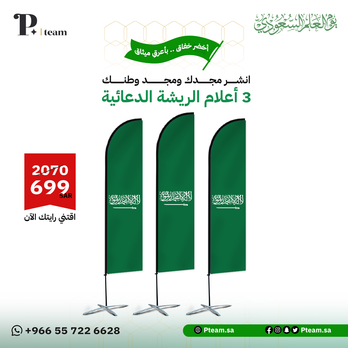 علم السعودية (بكج 3 أعلام ريشة كبيرة مع السارية)